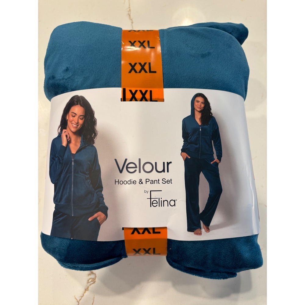 Felina XXL Velour Hoodie & Pant Set Women Teal Blue